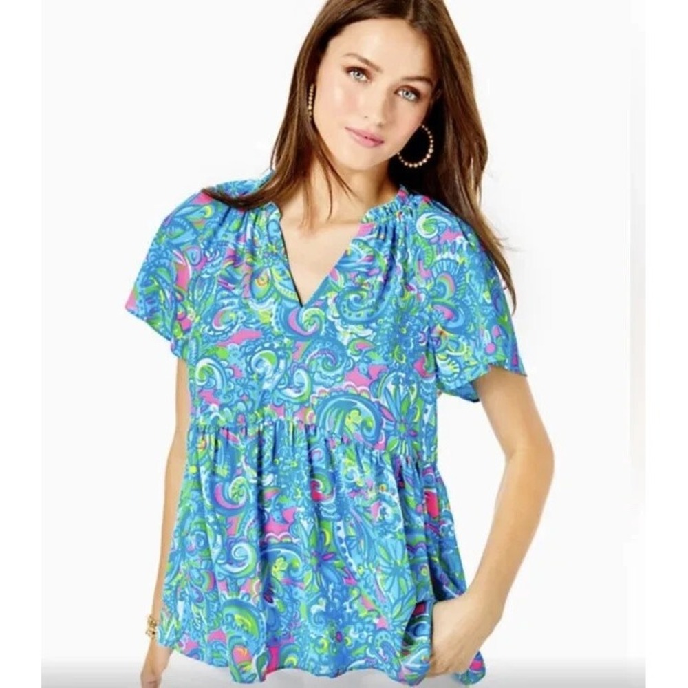 Lilly Pulitzer XS Blue Pink Paisley Ruffle V-Neck Babydoll Peplum Blouse Top